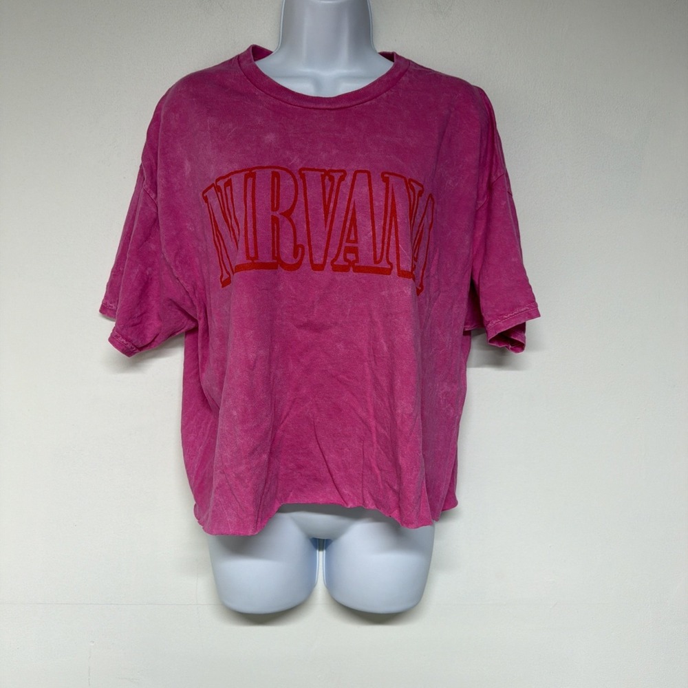 Nirvana In Utero Womens XL Pink Cropped Graphic Band Tee Raw Hem 100% Cotton
